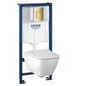 Инсталляция Grohe 38772GL1 в комплекте с унитазом безободковым Geberit Smyle Square 500.683.01.1 (золотая кнопка)